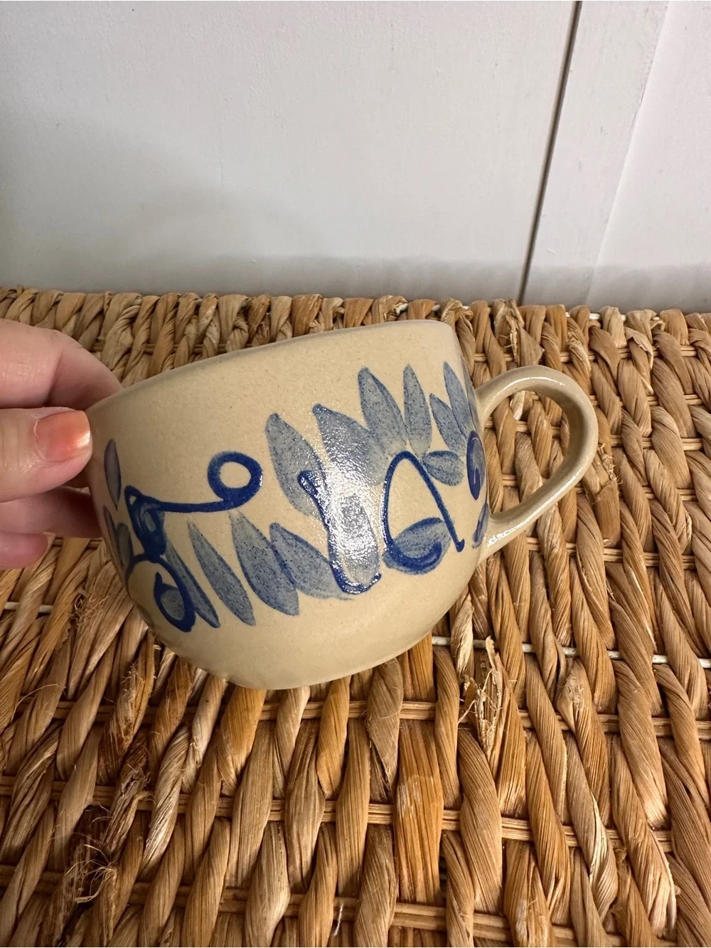 Hand-Painted Blue Leaf Ceramic Mug - Neutral Exterior